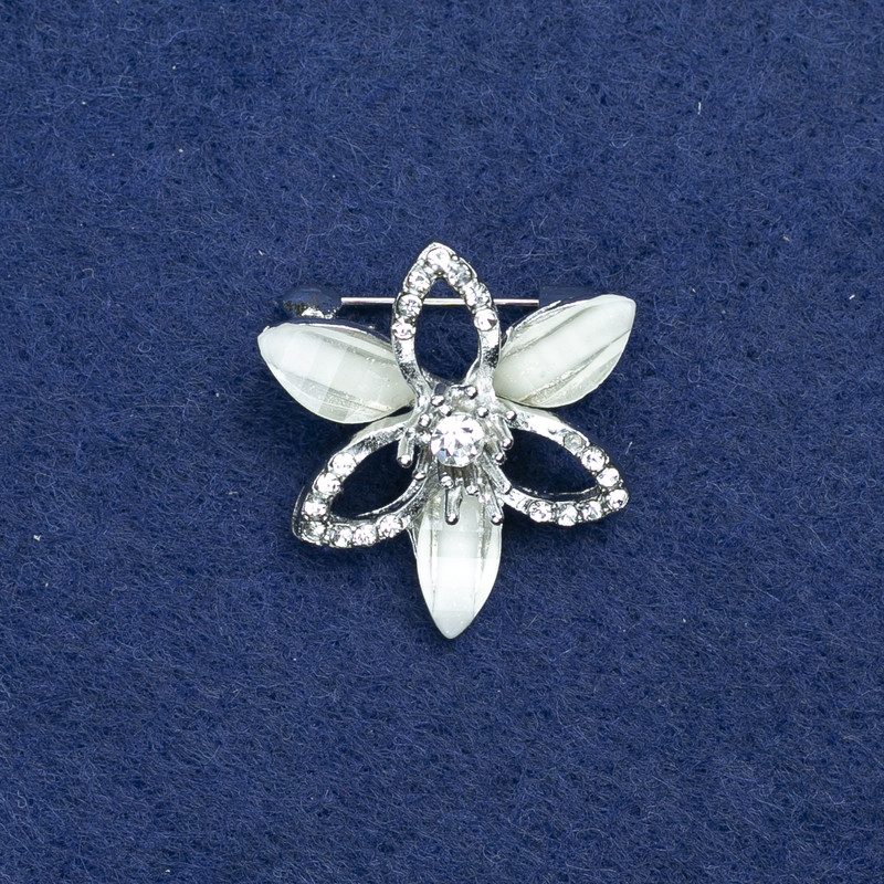 Sale! Flower Brooch, Silver-Tone Metal, Crystals and White Rhinestones 27mm +