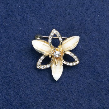 Clearance! Flower Brooch gold-tone metal, crystals and white rhinestones 27mm +