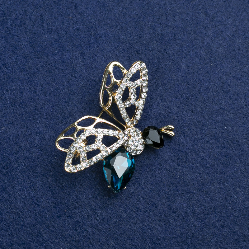 Sale! Butterfly Brooch, Golden Metal, Blue and Black Crystal and White Rhinestones 41x33mm +