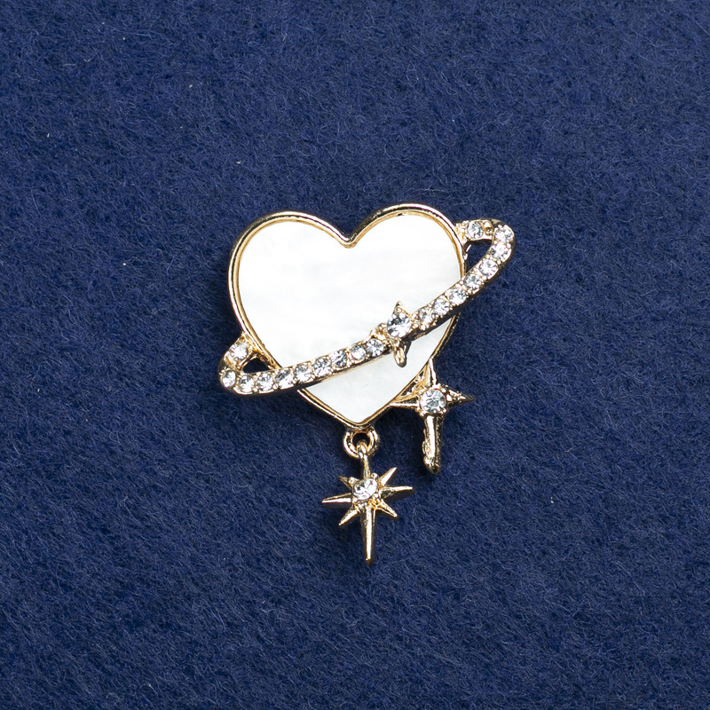 Clearance! Heart Brooch gold-tone metal, mother-of-pearl and rhinestones 35x30mm +