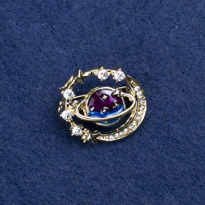 Clearance! Planet Brooch gold-tone metal, enamel and rhinestones 22x24mm +