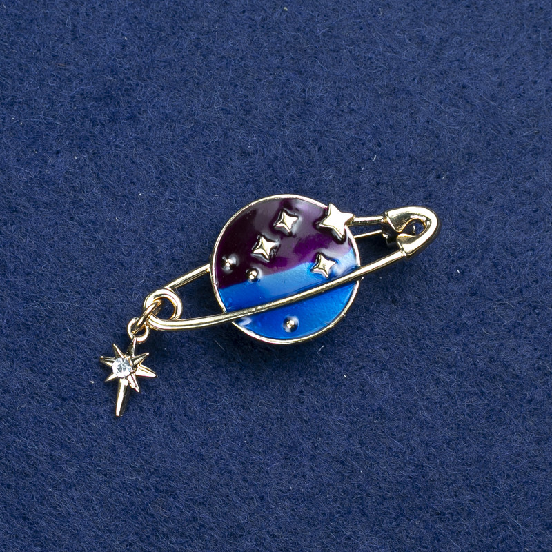 Clearance! Planet Brooch gold-tone metal, enamel and rhinestones 36x18mm +