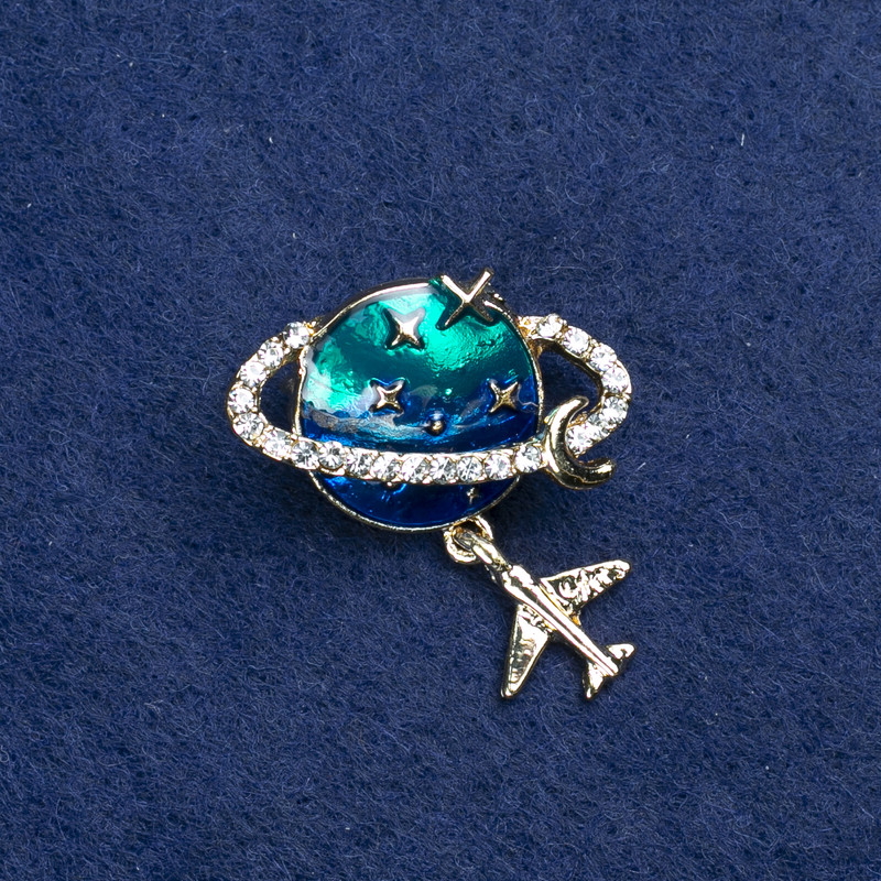 Clearance! Planet Brooch, Gold-Tone Metal, Enamel and Rhinestones 27x30mm +