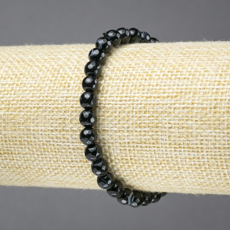 Elastic Bracelet, Natural Black Banded Agate Stone, Faceted Bead, Diameter 6mm+