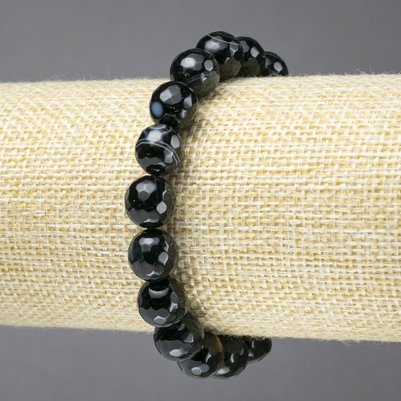 Elastic Bracelet, Natural Black Banded Agate Stone, Faceted Bead, Diameter 10mm+