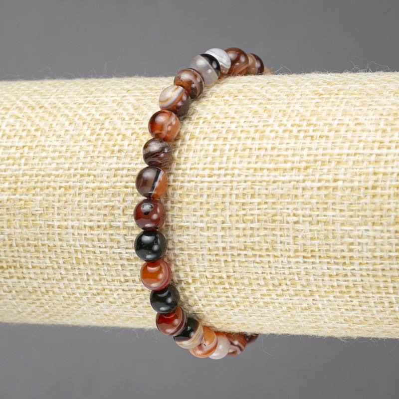Bracelet on Elastic, Natural Stone Eye Agate Brown, Smooth Bead, Diameter 6mm+