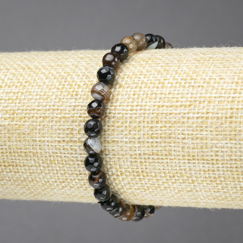 Bracelet on Elastic, Natural Stone Eye Agate Brown, Faceted Bead, Diameter 6mm+