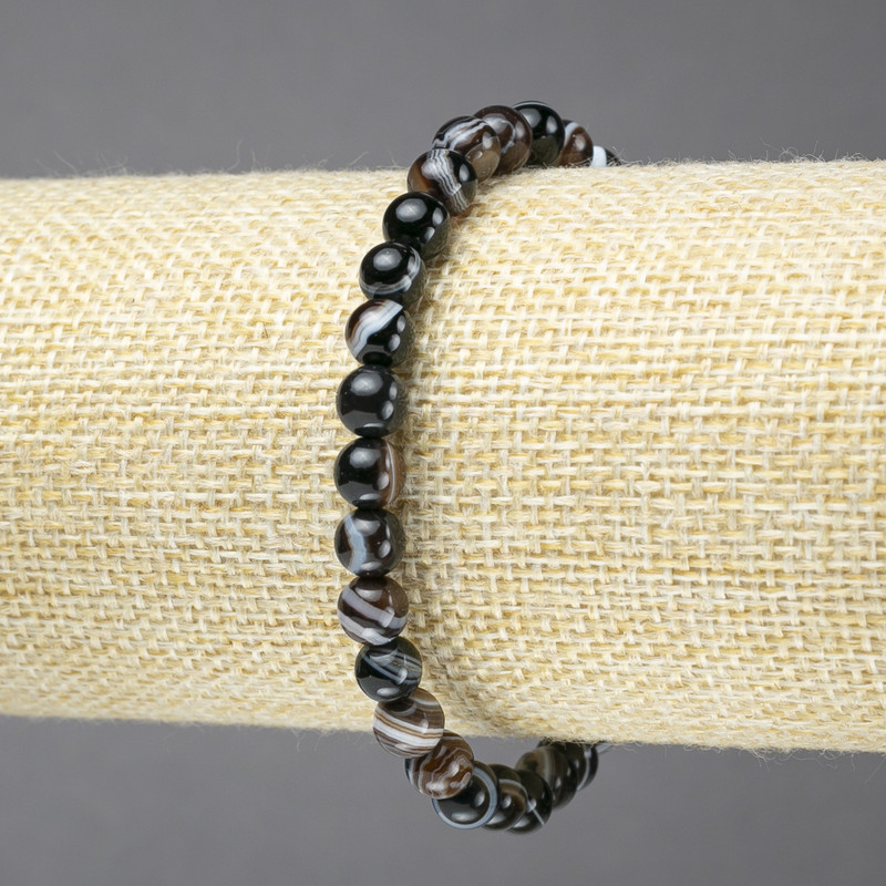 Bracelet on Elastic, Natural Stone Eye Agate, Brown, Smooth Bead, Diameter 6mm+