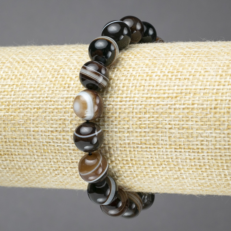 Bracelet on Elastic, Natural Stone Eye Agate, Dark Brown, Smooth Bead, Diameter 10mm+