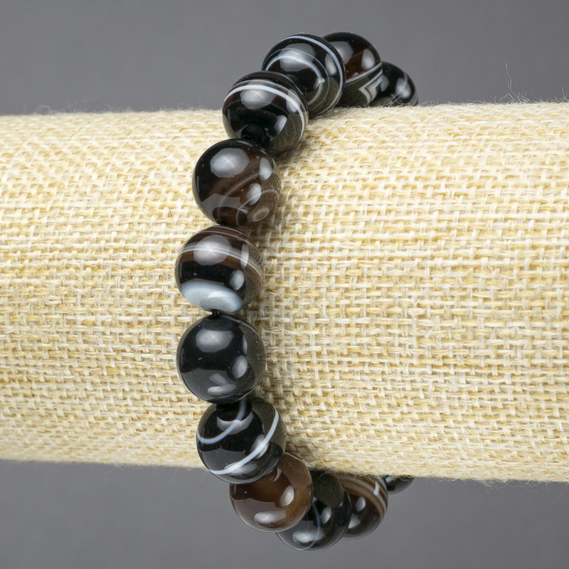 Bracelet on Elastic, Natural Stone Eye Agate, Dark Brown, Smooth Bead, Diameter 12mm+