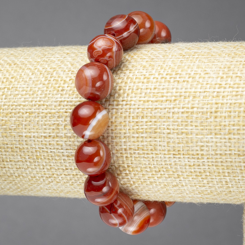 Bracelet on Elastic, Natural Eye Agate, Orange, Smooth Bead, Diameter 12mm+