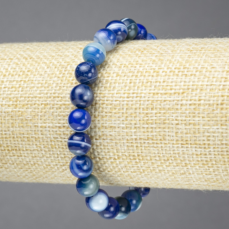 Elastic Bracelet, Natural Blue Banded Agate Stone, Smooth Bead, Diameter 8mm+