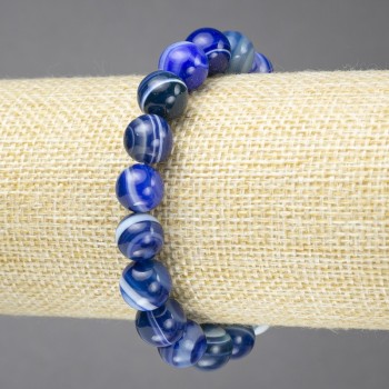 Elastic Bracelet, Natural Blue Banded Agate Stone, Smooth Bead, Diameter 10mm+