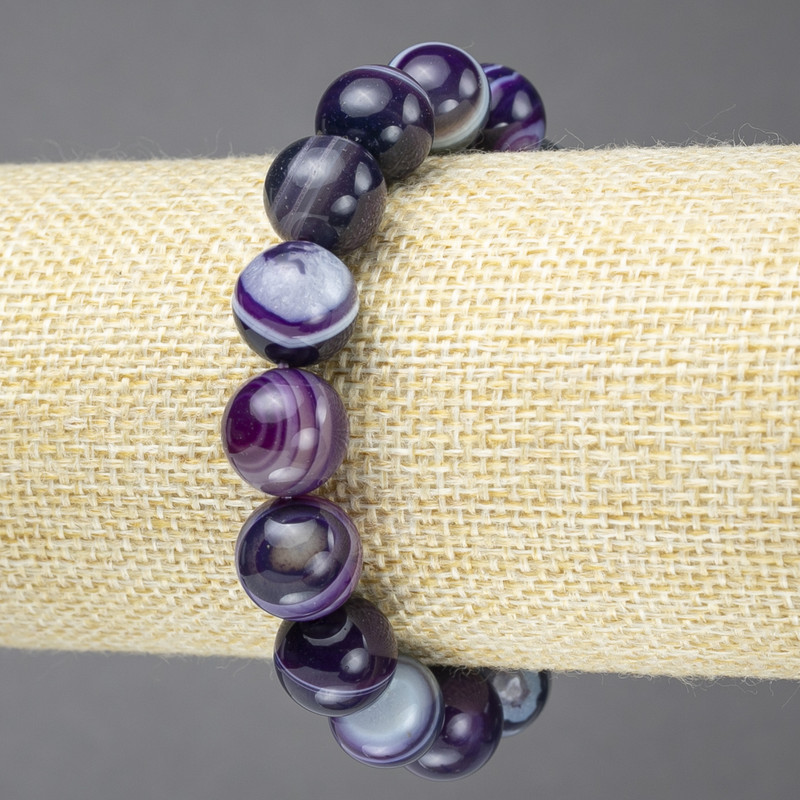 Elastic Bracelet, Natural Purple Banded Agate Stone, Smooth Bead, Diameter 12mm+