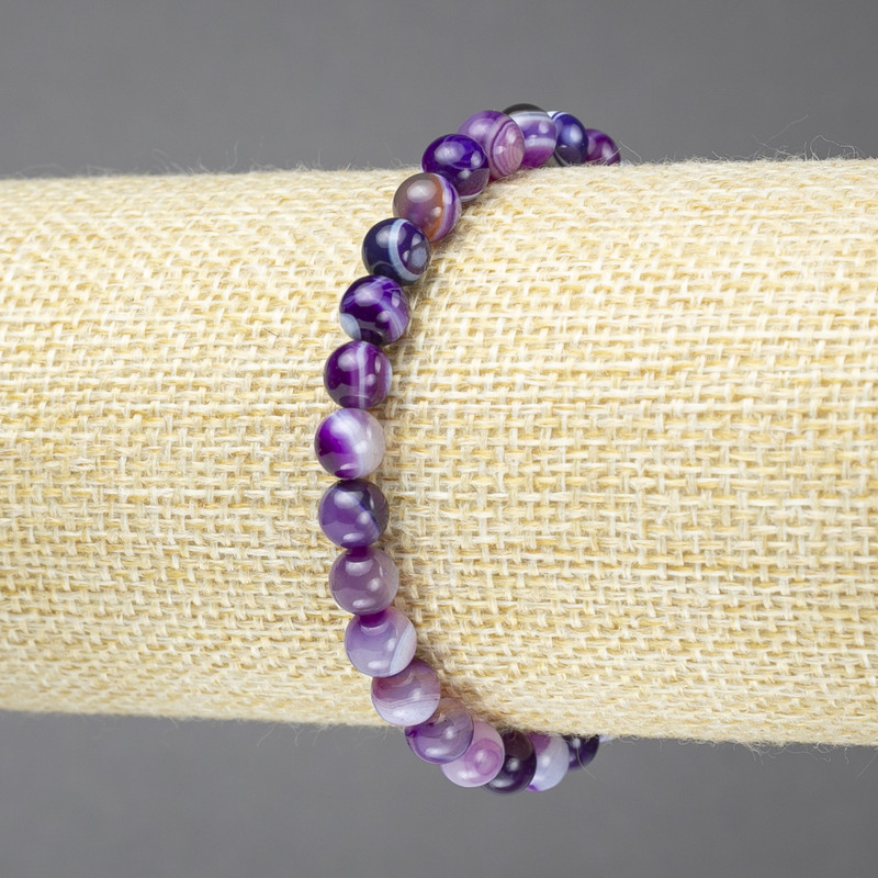 Elastic Bracelet, Natural Purple Banded Agate Stone, Smooth Bead, Diameter 6mm+