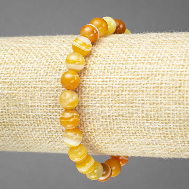 Elastic Bracelet, Natural Orange Banded Agate Stone, Smooth Bead, Diameter 8mm+