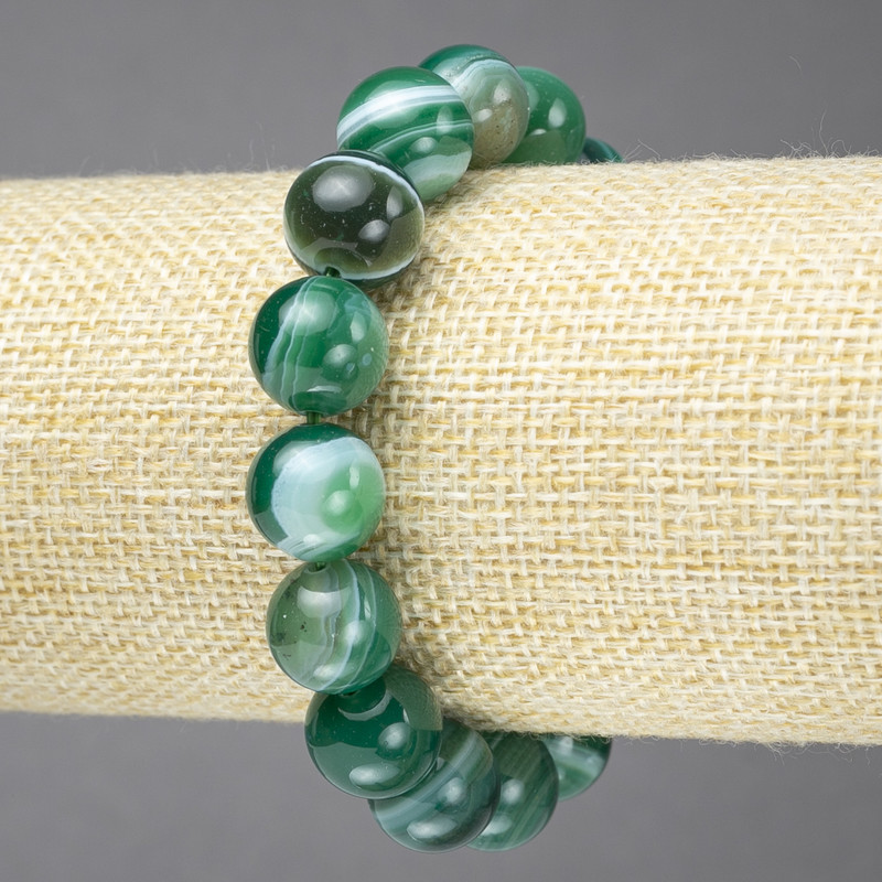 Elastic Bracelet, Natural Green Banded Agate Stone, Smooth Bead, Diameter 12mm+