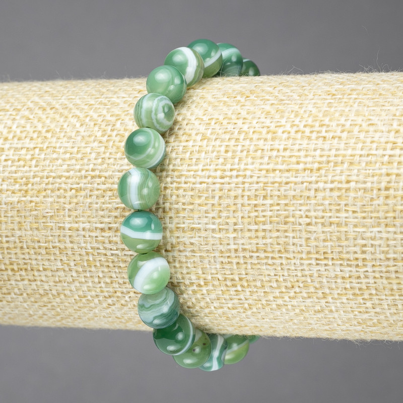 Elastic Bracelet, Natural Green Banded Agate Stone, Smooth Bead, Diameter 8mm+
