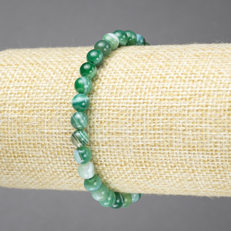 Elastic Bracelet, Natural Green Banded Agate Stone, Smooth Bead, Diameter 6mm+