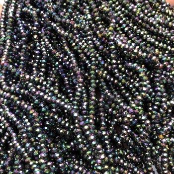 Czech Crystal Beads on fishing line, black with petrol coating, faceted rondelle, diameter 3x2.5mm +/-, length 36cm +