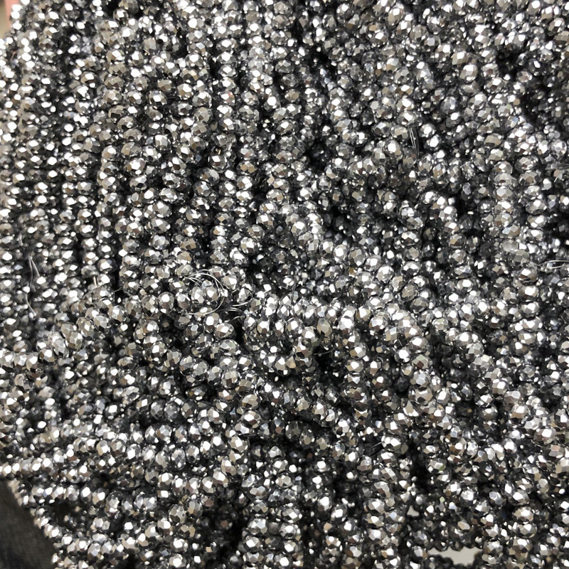 Czech Crystal Beads on Fishing Line with Light Grey Sprayed Coating Faceted Rondelle, Diameter 3x2.5mm +/-, Length 36cm +