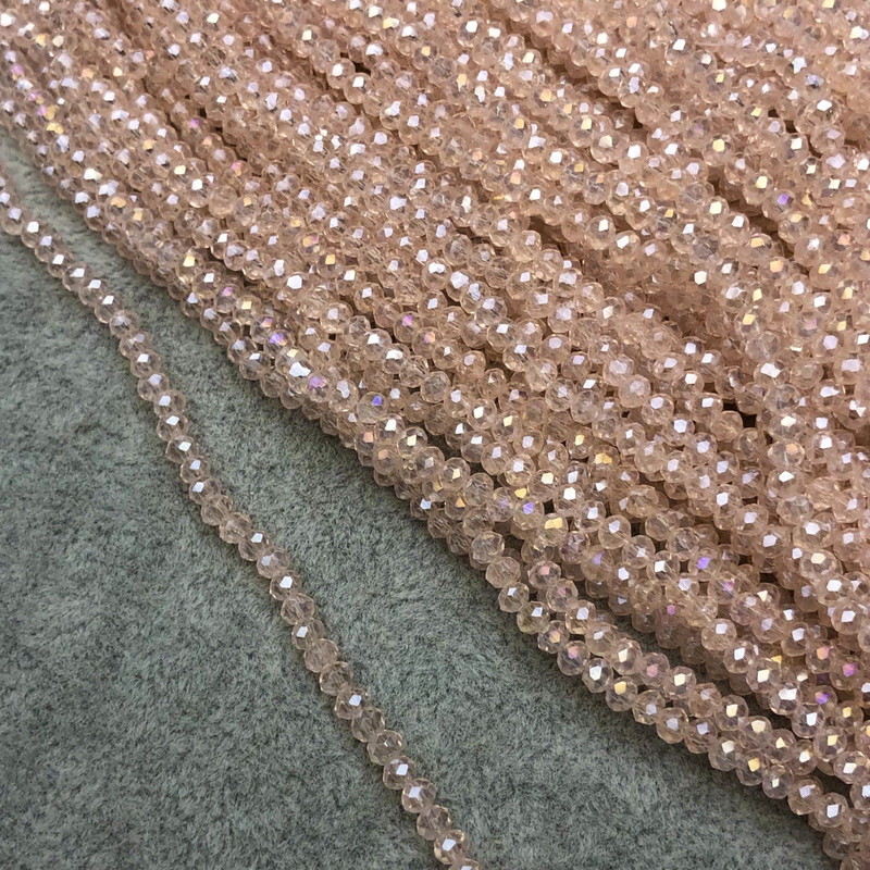 Czech Crystal Beads on Fishing Line Clear Pale Pink with Petrol Shimmer Faceted Rondelle, Diameter 3x2.5mm +/-, Length 36cm +
