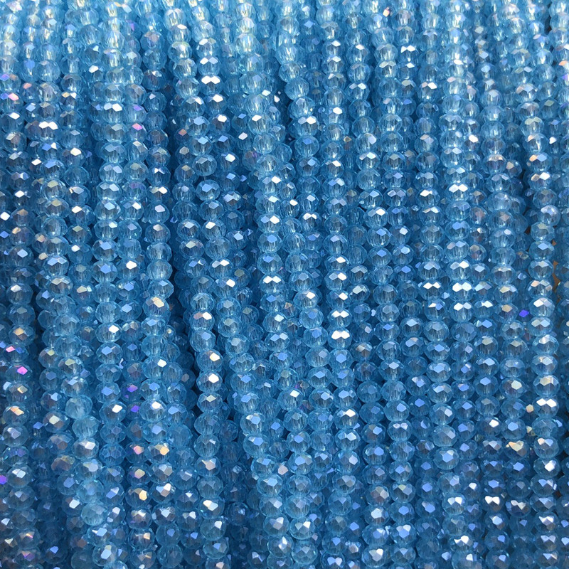 Czech Crystal Beads on Fishing Line Clear Sky Blue with Petrol Shimmer Faceted Rondelle, Diameter 3x2.5mm +/-, Length 36cm +