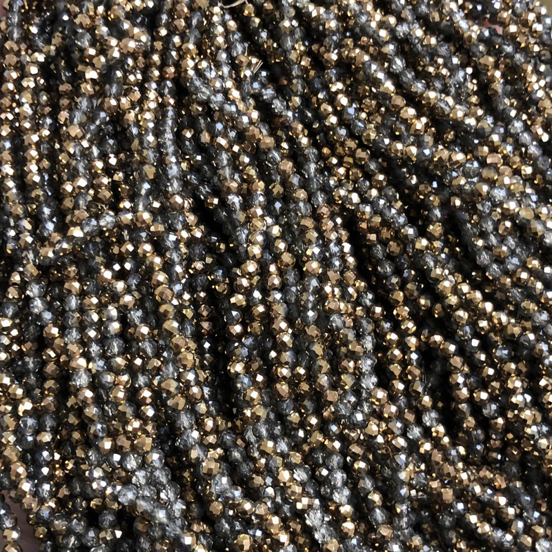Czech Crystal Beads on Fishing Line Assorted Clear Grey + Gold Sprayed Coating Faceted Rondelle, Diameter 3x2.5mm +/-, Length 36cm