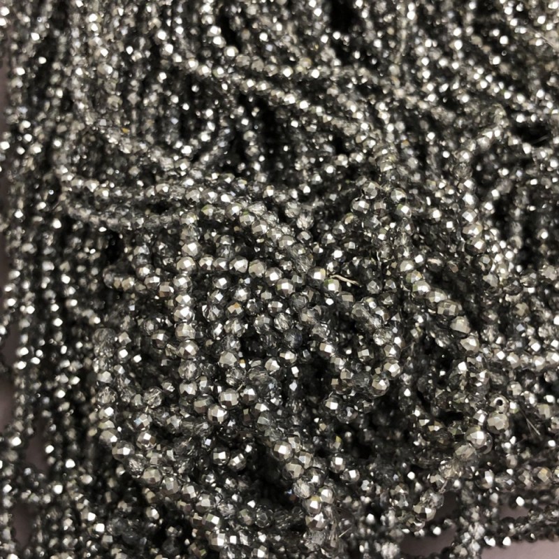 Czech Crystal Beads on Fishing Line Clear Grey with Petrol Shimmer Faceted Rondelle, Diameter 3x2.5mm +/-, Length 36cm +