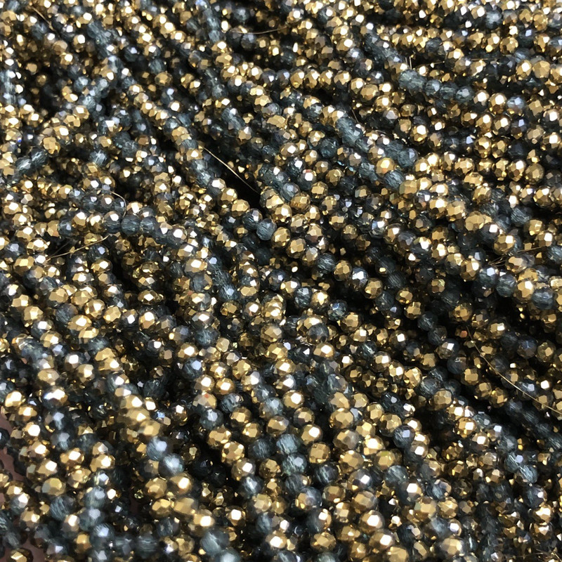 Czech Crystal Beads on Fishing Line Assorted Clear Grey + Gold Sprayed Coating Faceted Rondelle, Diameter 3x2.5mm +/-, Length 36cm