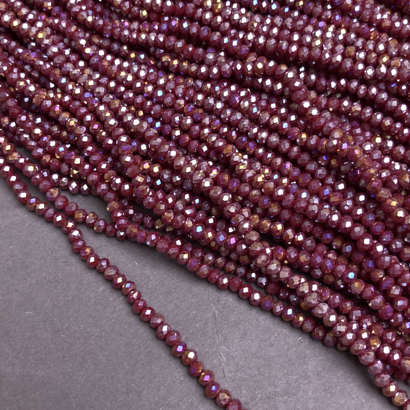 Czech Crystal Beads on Thread Burgundy Matte with Petrol Coating, Faceted Rondelle, Diameter 3x2.5mm +/-, Length 36-38cm +