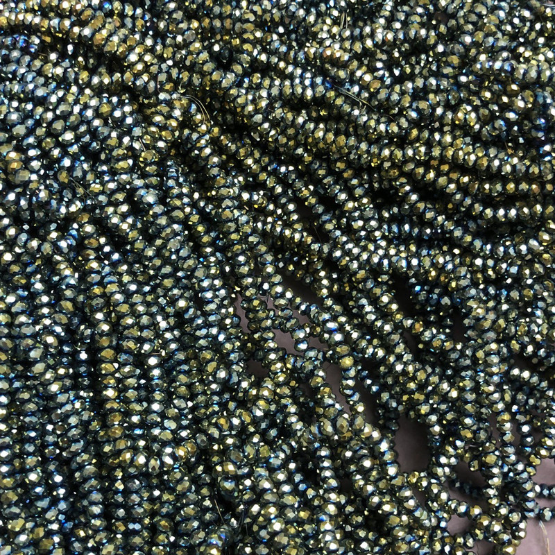 Czech Crystal Beads on Fishing Line, Grey-Green Coating with Petrol Sheen, Faceted Rondelle, Diameter 3x2.5mm +/-, Length 36cm+