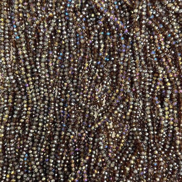 Czech Crystal Beads on Thread Brown with Petrol Coating, Faceted Rondelle, Diameter 3.5x3mm +/-, Length 32cm +