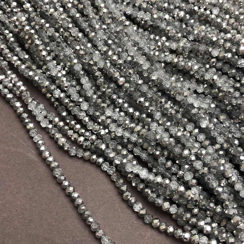 Czech Crystal Beads on Fishing Line, Light Grey Assorted Clear Coated, Faceted Rondelle, Diameter 3x2.5mm +/-, Length 36cm+