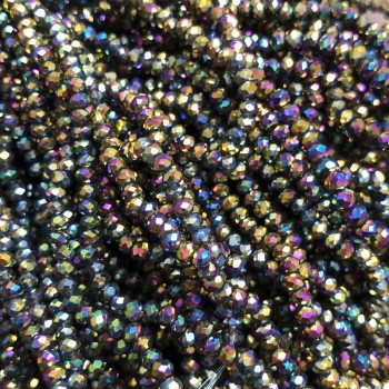 Czech Crystal Beads on fishing line, black with petrol coating, faceted rondelle, diameter 3x2.5mm +/-, length 36cm +