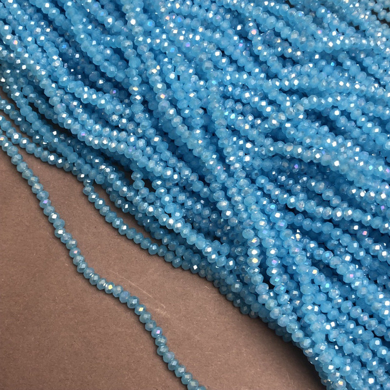 Czech Crystal Beads on fishing line, azure with petrol coating, faceted rondelle, diameter 3x2.5mm +/-, length 36-38cm +