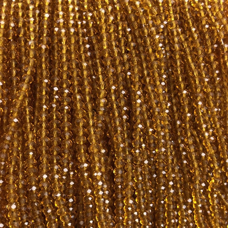 Czech Crystal Beads on Thread, Dark Honey-Yellow Transparent Faceted Rondelle, Diameter 3.5x3mm +/-, Length 36-38cm+