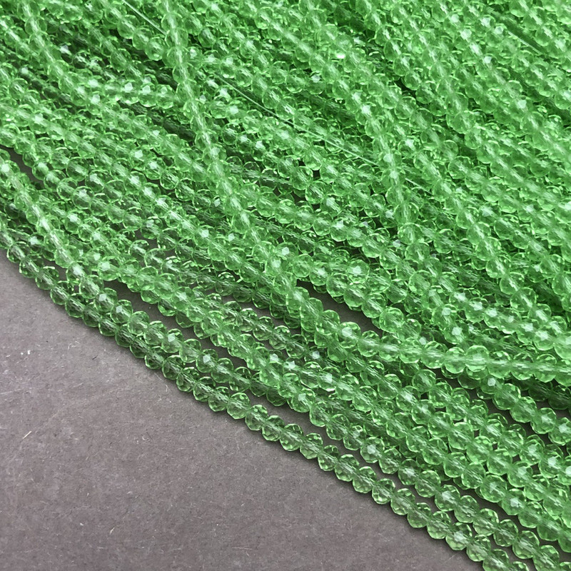 Czech Crystal Beads on Fishing Line Light Green Transparent Faceted Rondelle, diameter 3.5x3mm +/-, length 36-38cm+