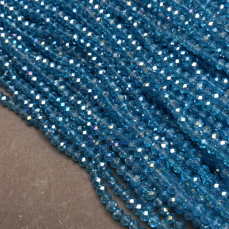 Czech Crystal Beads on Thread, Blue-Green Transparent with Petrol Sheen, Faceted Rondelle, Diameter 3.5x3mm +/-, Length 36-38cm+