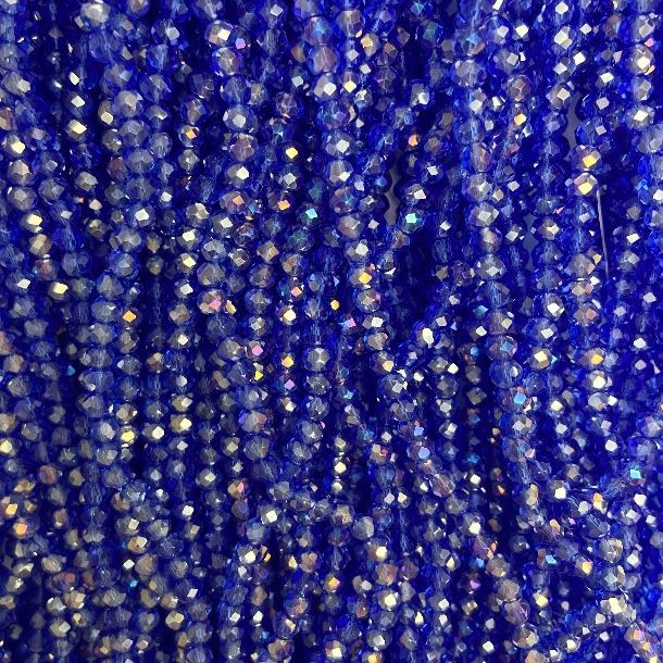 Czech Crystal Beads on Nylon Thread, Blue Transparent with Petrol Coating, Faceted Rondelle, diameter 3.5x3mm +/-, length 36cm +