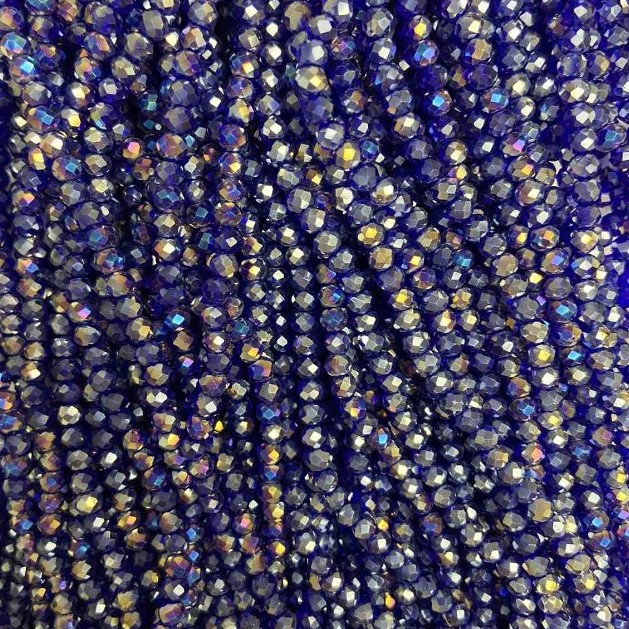 Czech Crystal Beads on Nylon Thread, Blue with Petrol-Tone Coating Faceted Rondelle, Diameter 3.5x3mm +/-, Length 33cm+