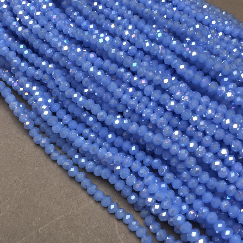 Czech Crystal Beads on Nylon Thread, Dark Cornflower-Blue Matte with Petrol Tint Faceted Rondelle, Diameter 3.5x3mm +/-, Length 36-38cm+