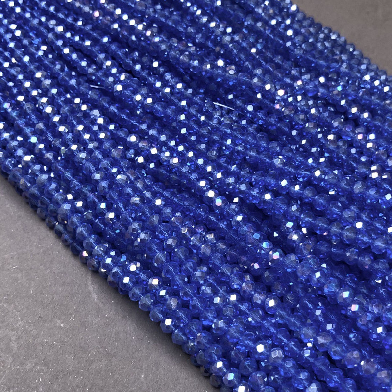Czech Crystal Beads on Nylon Thread, Blue Transparent with Petrol Tint Faceted Rondelle, Diameter 3.5x3mm +/-, Length 36-38cm+