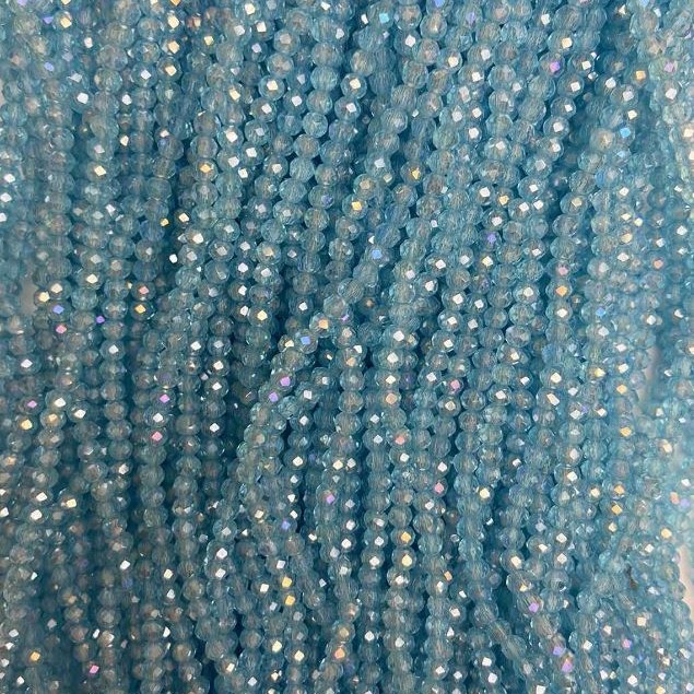 Czech Crystal Beads on fishing line, sky blue transparent with petrol-tone coating, faceted rondelle, diameter 3.5x3mm +/-, length 36m +
