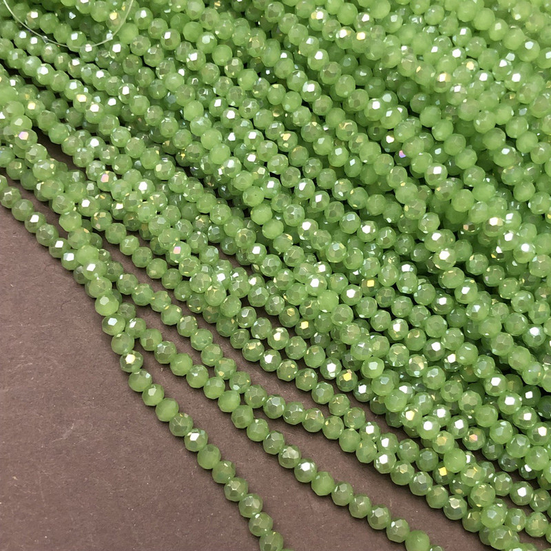 Czech Crystal Beads on Nylon Thread, Light Green Matte with Petrol Tint Faceted Rondelle, Diameter 3.5x3mm +/-, Length 36-38cm+