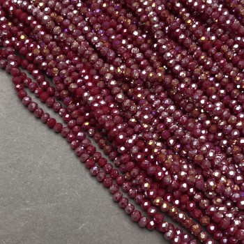 Czech Crystal Beads on fishing line, burgundy matte with petrol-tone shimmer, faceted rondelle, diameter 3.5x3mm +/-, length 36-38cm +