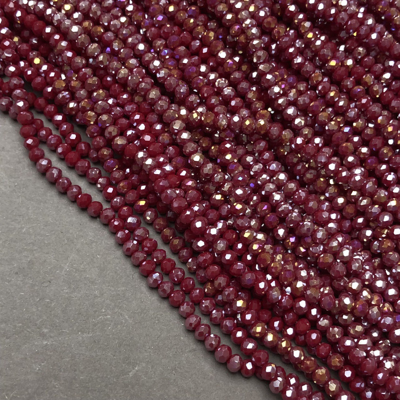 Czech Crystal Beads on fishing line, burgundy matte with petrol-tone shimmer, faceted rondelle, diameter 3.5x3mm +/-, length 36-38cm +