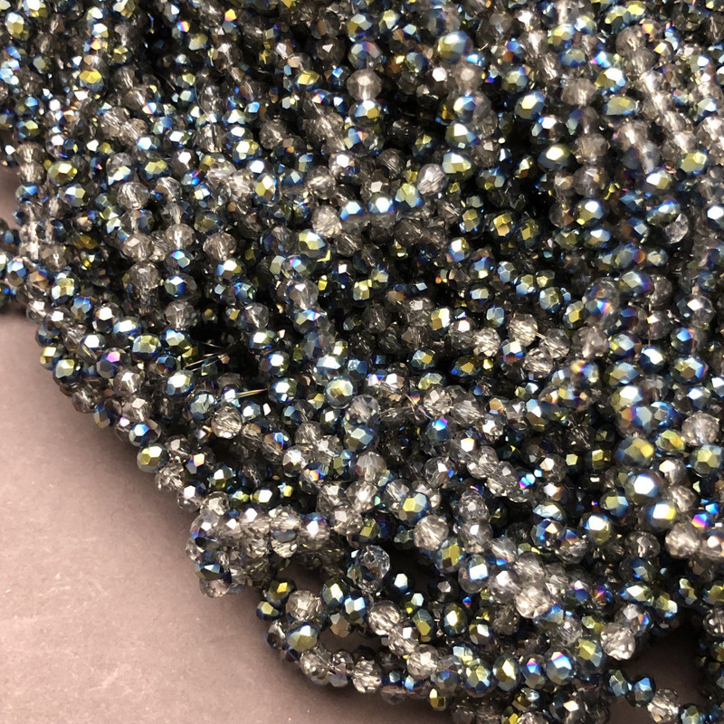 Czech Crystal Beads on fishing line, grey assortment transparent with coating, faceted rondelle, diameter 3.5x3mm +/-, length 36-38cm +