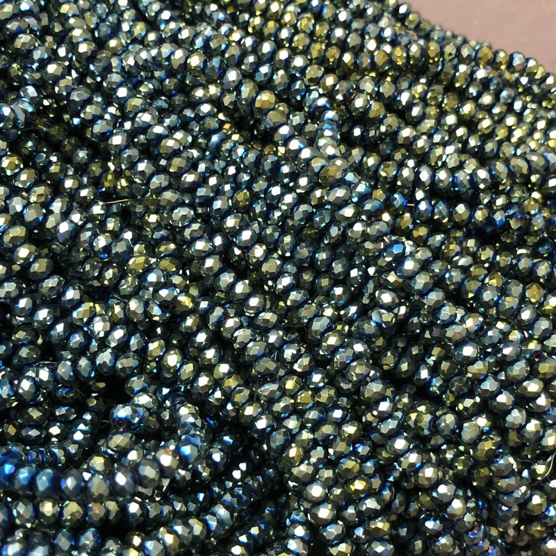 Czech Crystal Beads on fishing line, grey-green coating with petrol-tone shimmer, faceted rondelle, diameter 3.5x3mm +/-, length 36-38cm +