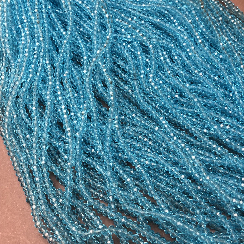 Czech Crystal Beads on fishing line, sky blue transparent, faceted rondelle, diameter 3x2.5mm +/-, length 36-38cm +
